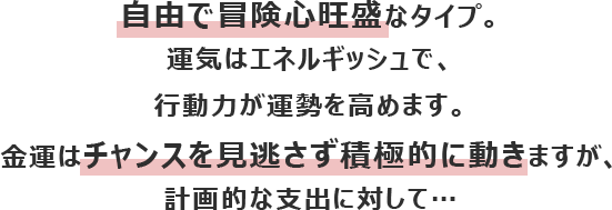 自由で冒険心旺盛なタイプ。運気はエネルギッシュで、行動力が運勢を高めます。
						金運はチャンスを見逃さず積極的に動きますが、計画的な支出に対して…