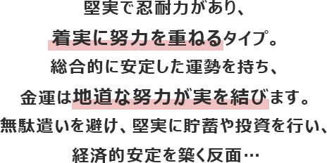 堅実で忍耐力があり、着実に努力を重ねるタイプ。総合的に安定した運勢を持ち、金運は地道な努力が実を結びます。
						無駄遣いを避け、堅実に貯蓄や投資を行い、経済的安定を築く反面…